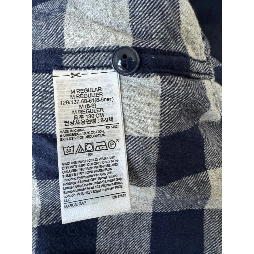 Gap Boys 8 Navy/Gray Plaid 100% Cotton Flannel Button Down Collared Shirt